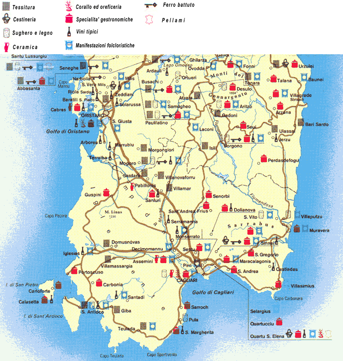 Cartina enogastronomia-artigianato sud-Sardegna